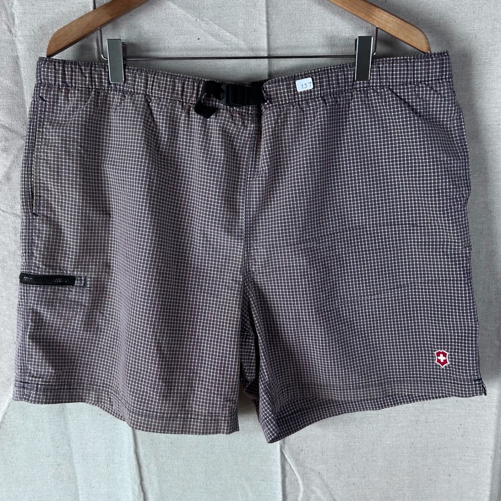 Victorinox Swiss Army Mens Purple‎ Plaid Swim Trunks Mesh Lined Belted Shorts L